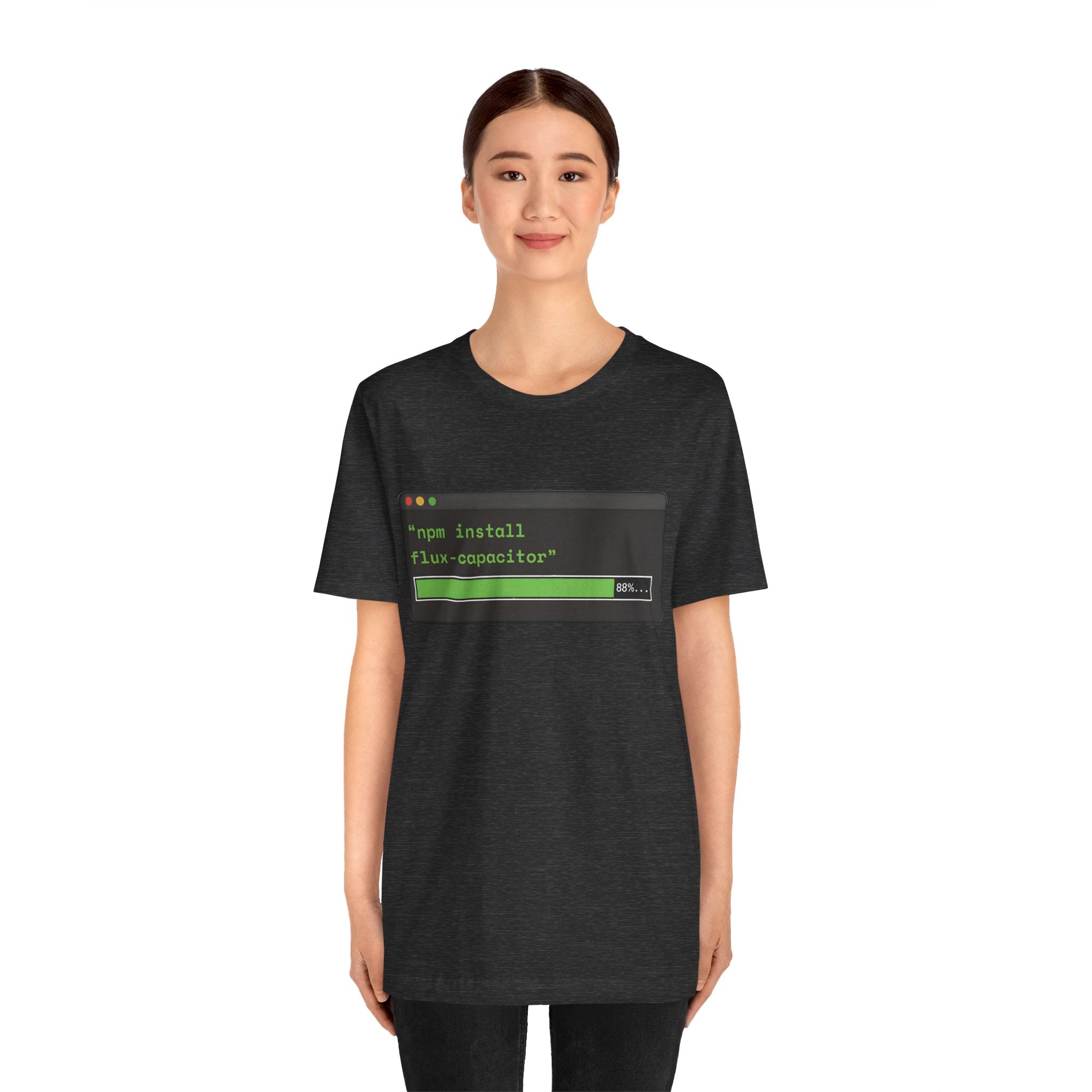 "npm install flux-compacitor" Developer Code Humor Tee