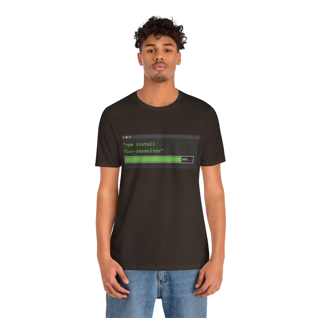 "npm install flux-compacitor" Developer Code Humor Tee